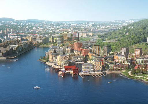 Illustrasjon so viser de nye planene for Grønlikaia, Oslo by i bakgrunnen, fjorden i forgrunnen. Arkitekt rendering.